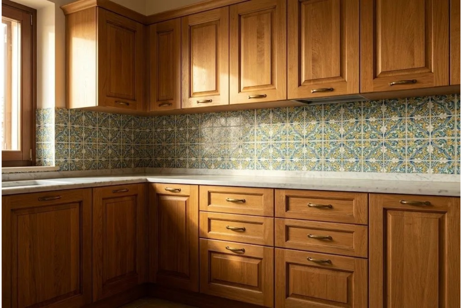 Cucina classica su misura in rovere massello con maioliche tradizionali a Messina — LabLegno Arredi