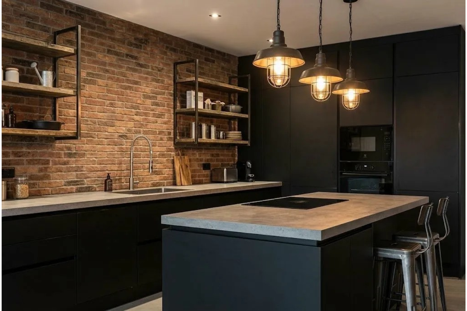 Cucina su misura stile industrial in laccato nero con mattoni a vista a Messina — LabLegno Arredi