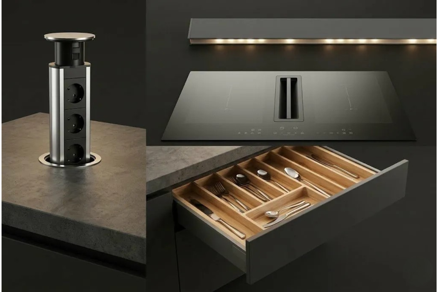 Dettaglio tecnologia cucina su misura con piano induzione e cassetti organizer a Messina — LabLegno Arredi