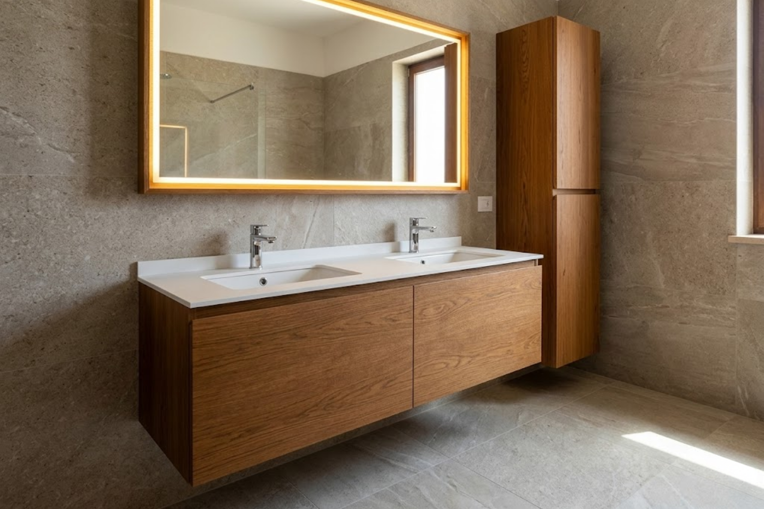 Mobile bagno su misura per struttura ricettiva in rovere con piano Fenix e specchio LED a Messina