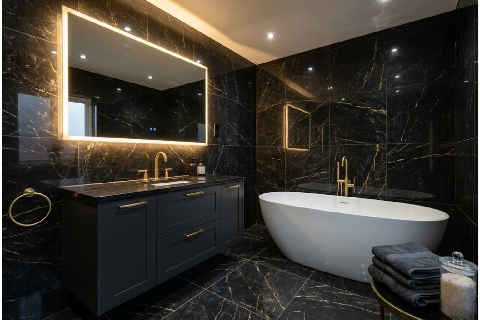 Bagno luxury su misura in marmo nero con vasca freestanding e rubinetteria oro a Messina — LabLegno Arredi