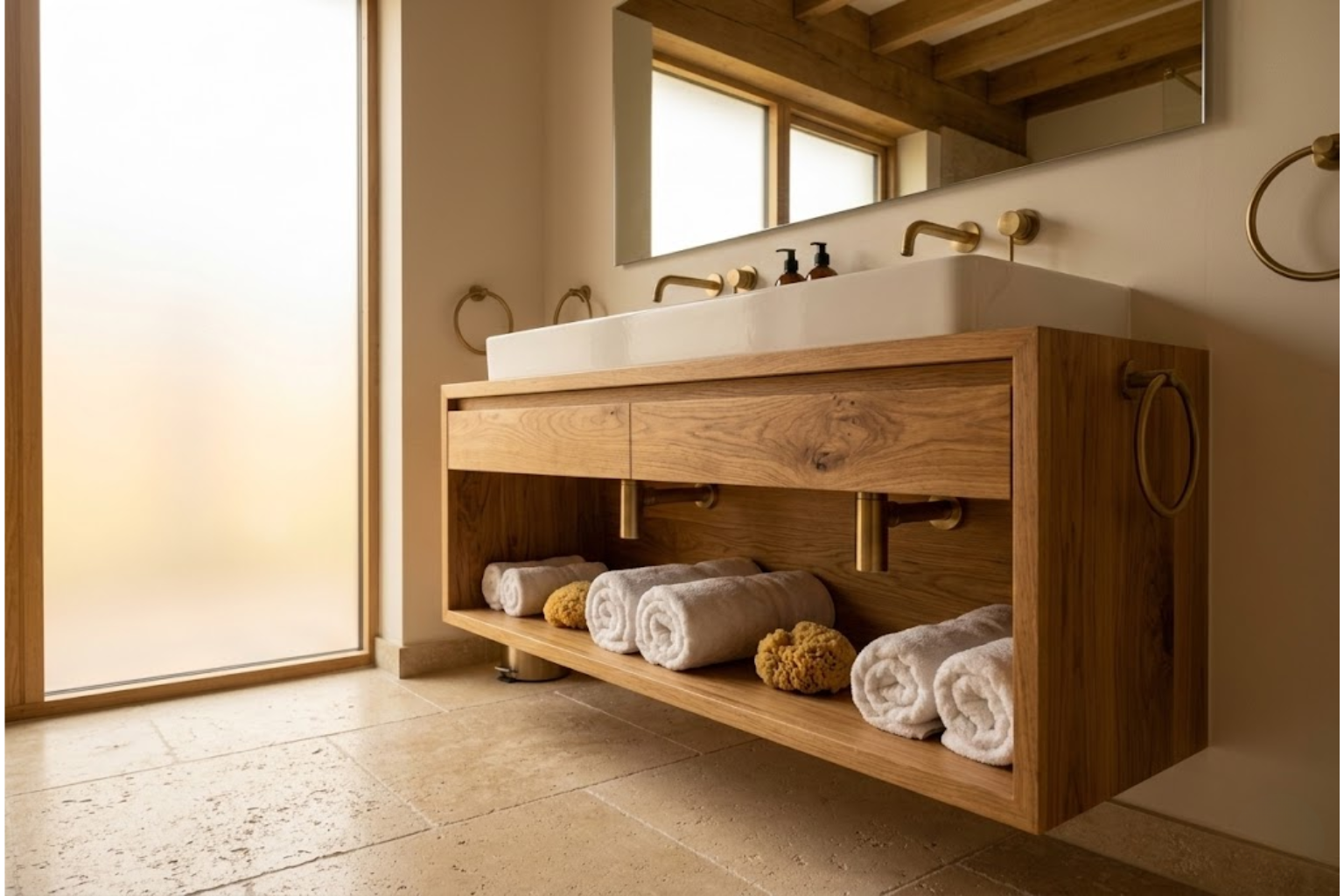 Mobile bagno su misura in rovere naturale con mensole aperte e rubinetteria ottone a Messina — LabLegno Arredi