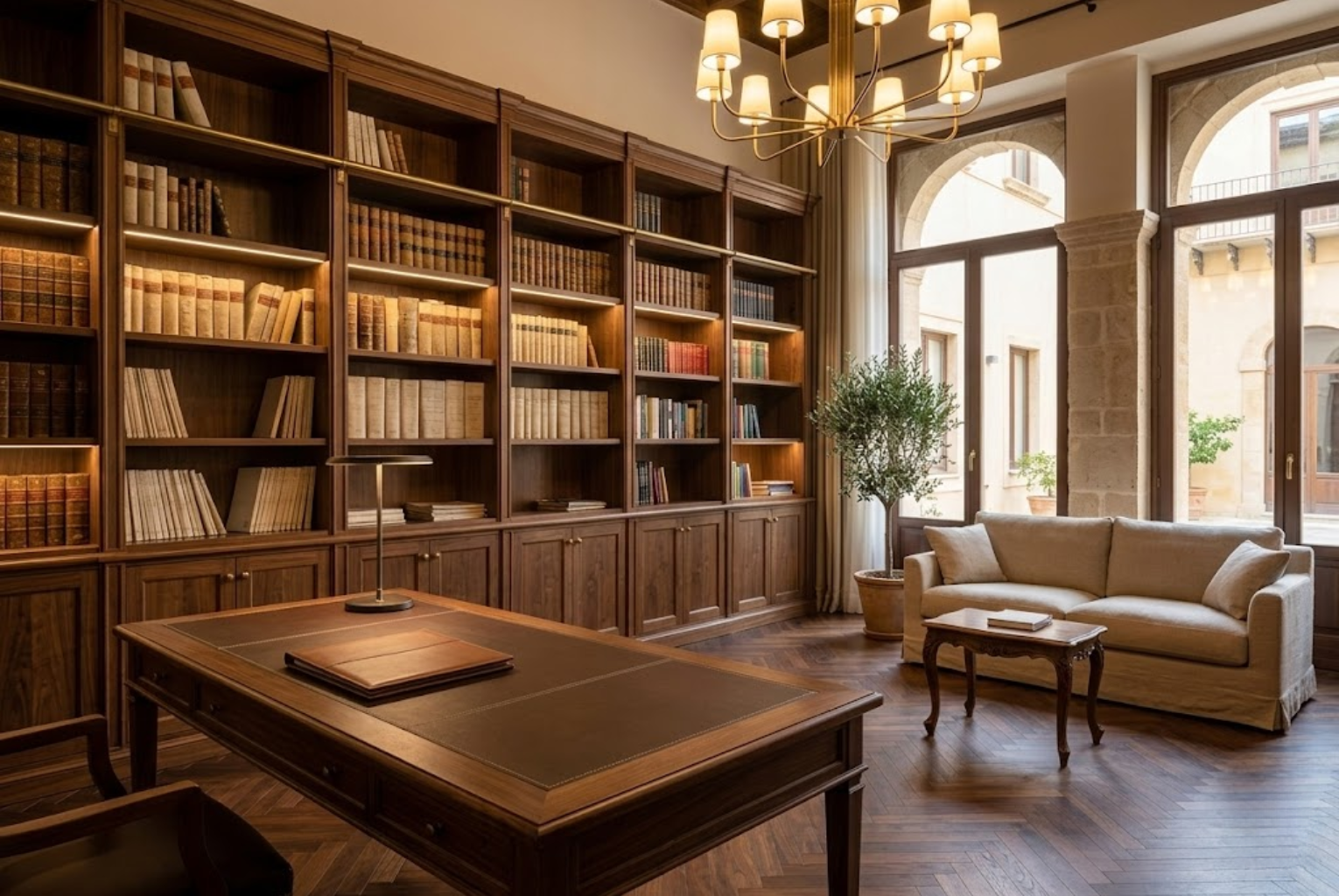 Studio direzionale su misura in noce massello con libreria di rappresentanza a Messina