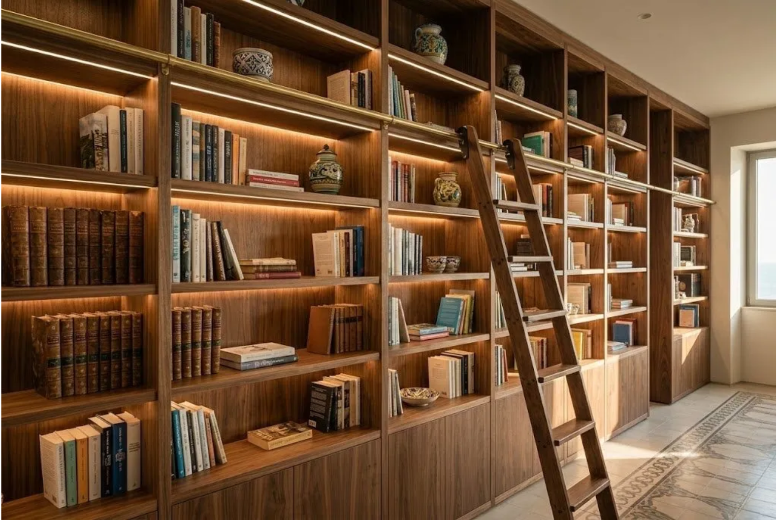 Libreria a tutta parete in legno con scala scorrevole e illuminazione integrata a Messina — LabLegno Arredi